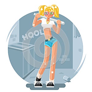 Cool hooligan troublemaker girl bat icon female criminal backstreet background flat design vector illustration