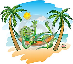 Cool iguana enjoying holidays in a hammock on the beach photo