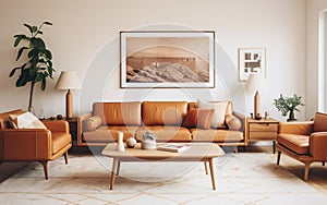 Cool interior design. Mid-century modern living room with tan leather sofa, geometric rug and vintage art prints. Indoor plants.