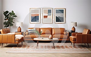 Cool interior design. Mid-century modern living room with tan leather sofa, geometric rug and vintage art prints. Indoor plants.