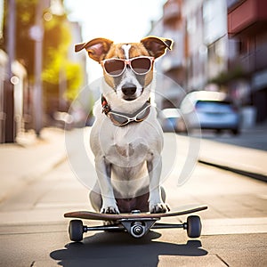 Cool Jack russell terrier dog sitting on a skateboard as skater wearing sunglasses. Dog on skateboard in sunglasses in the city