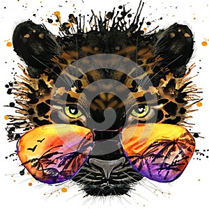 Cool jaguar T-shirt graphics. jaguar illustration with splash watercolor textured background. unusual illustration watercolor jag photo