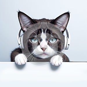 Cool kitten with headphones with paws on white table