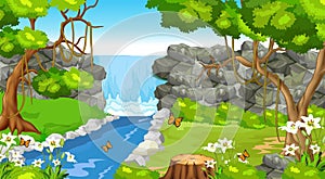 Cool Landscape Forest View WIth River, Trees, Rocks, And Flowers Cartoon