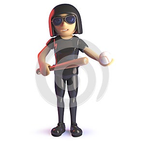 Cool latex wearing gothic girl with baseball bat and ball, 3d illustration