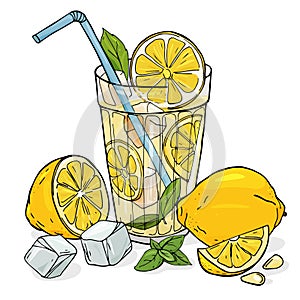 Cool lemonade in a glass Cup with ice and mint. A whole lemon, half and slice with seeds.