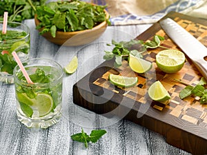 Cool lemonade with mint and lime and ice in glass cups