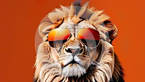 Cool lion head, character in sunglasses, wild jungle animal portrait