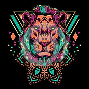Cool Lion Vector Mandala Geometry Illustration in Black Background photo