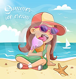 Cool little girl in sunglasses eats ice cream on the beach