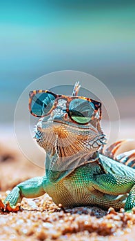 Cool lizard in fashionable sunglasses with sea beach on background