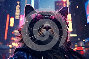 Cool looking cat with purple sunglasses in urban night city background