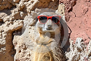 Cool meerkat posing with red sunglasses against a textured wall, exuding charisma and humor.