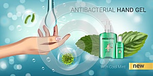Cool mint flavor Antibacterial hand gel ads. Vector Illustration with antiseptic hand gel in bottles and mint leaves elements