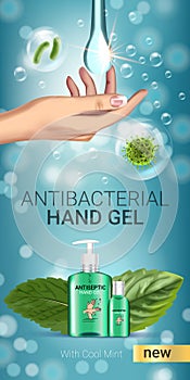 Cool mint flavor Antibacterial hand gel ads. Vector Illustration with antiseptic hand gel in bottles and mint leaves elements.