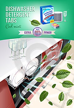 Cool mint fragrance dishwasher detergent tabs ads. Vector realistic Illustration with dishwasher in kitchen counter and detergent