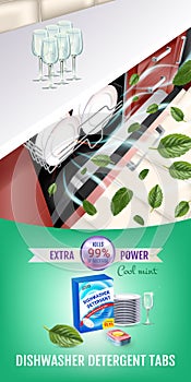 Cool mint fragrance dishwasher detergent tabs ads. Vector realistic Illustration with dishwasher in kitchen counter and detergent