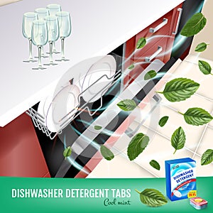 Cool mint fragrance dishwasher detergent tabs ads. Vector realistic Illustration with dishwasher in kitchen counter and detergent