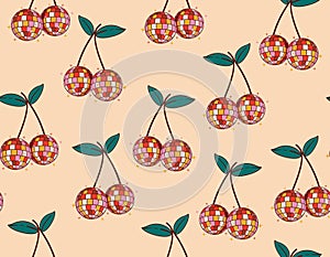 Cool mirror cherries Seamless groovy pattern with. Cherry Disco ball vector illustration. Design for fashion