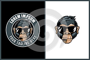 Cool monkey cartoon head with sunglass vector badge round logo template photo