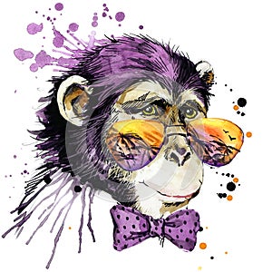 Cool monkey T-shirt graphics. monkey illustration with splash watercolor textured background. unusual illustration watercolor monk