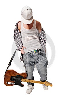 Cool musician with guitar on white