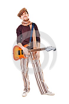 Cool musician with guitar on white