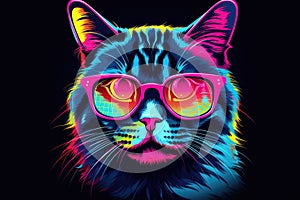 Cool Neon Cat Wearing Pink Glasses.