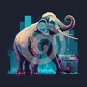 Cool neon party dancing mammoth. Generative AI