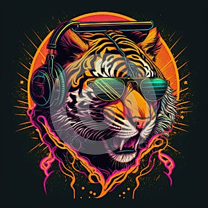 Cool neon party tiger in headphones and sunglasses. Generative AI Not based on any actual scene