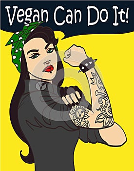 Cool nice drawn vector subculture punk gothic woman with signature we Vegan Can Do It. In layers, eps 10