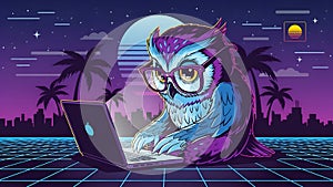 Owl Programmer Retro 80s Style Coding on Laptop