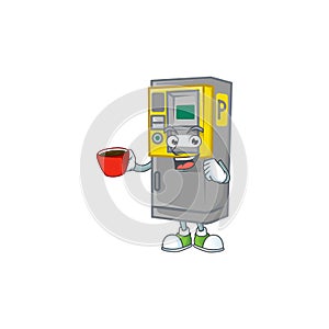 Cool parking ticket machine cartoon character with a cup of coffee