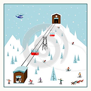 Cool pastel Cartoon ski poster. The mountain resort with lifts, slopes, skiers. photo