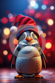 Cool Penguin santa hat red background. ai generative