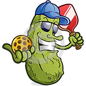 Cool pickleball cartoon character with attitude wearing sunglasses and brimmed hat
