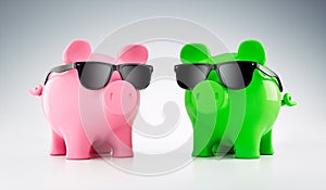 Cool pink and green piggy bank with sunglasses