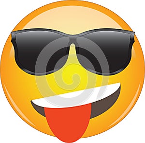 Cool playful yellow emoji with tongue sticking out and sunglasses. Cool face emoticon wearing sunglasses, with a big smile and