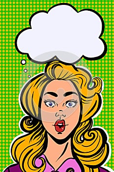 Cool pop art woman surprised. Thinking bubble.