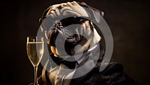 Cool pug dog wearing sunglasses and having champagne in glass on dark background. Party and funny Cheers background