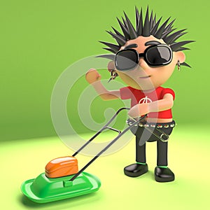 Cool punk rocker mowing the lawn with a lawnmower, 3d illustration