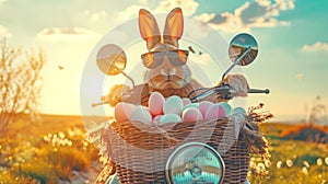 A cool rabbit in sunglasses on motorcycle rides motorcycle at sunset and carries a basket with bunch of Easter eggs