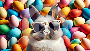 A cool rabbit wearing sunglasses sits in front of a colorful background of Easter eggs.