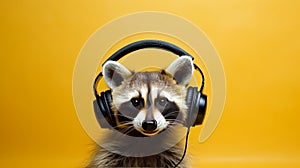 Cool raccoon dj wearing headphones grooving on vibrant yellow background with copy space. Banner