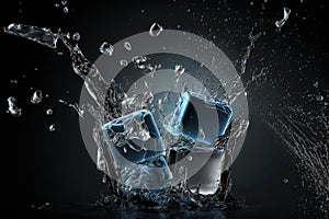 A freeze shot on falling ice cubes with water splash. Cool Refreshing Crystals cubes With Drops Splashing. Generative AI