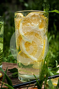 A cool, refreshing drink with lemon on nature on a hot day