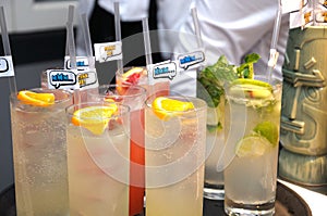 Cool refreshing looking glasses of beverages soft drinks on display