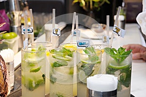 Cool refreshing looking glasses of beverages soft drinks on display