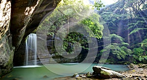 A cool refreshing waterfall into an emerald pond hidden in a mysterious forest of lush greenery ~ River Scenery of Taiwan