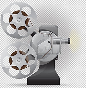 Cool retro movie projector with abstract light rays. Analog device cinema motion picture film player